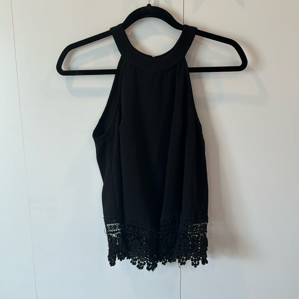 Black high neck tank with lace bottom and button neck closure